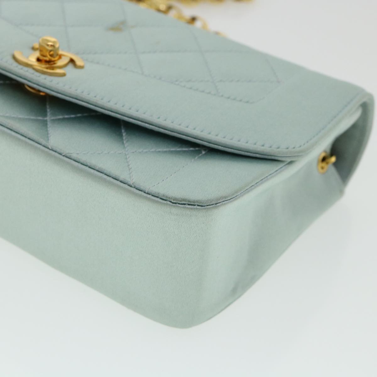 CHANEL Diana Matelasse Shoulder Bag Satin Light Blue CC Auth 33325V
