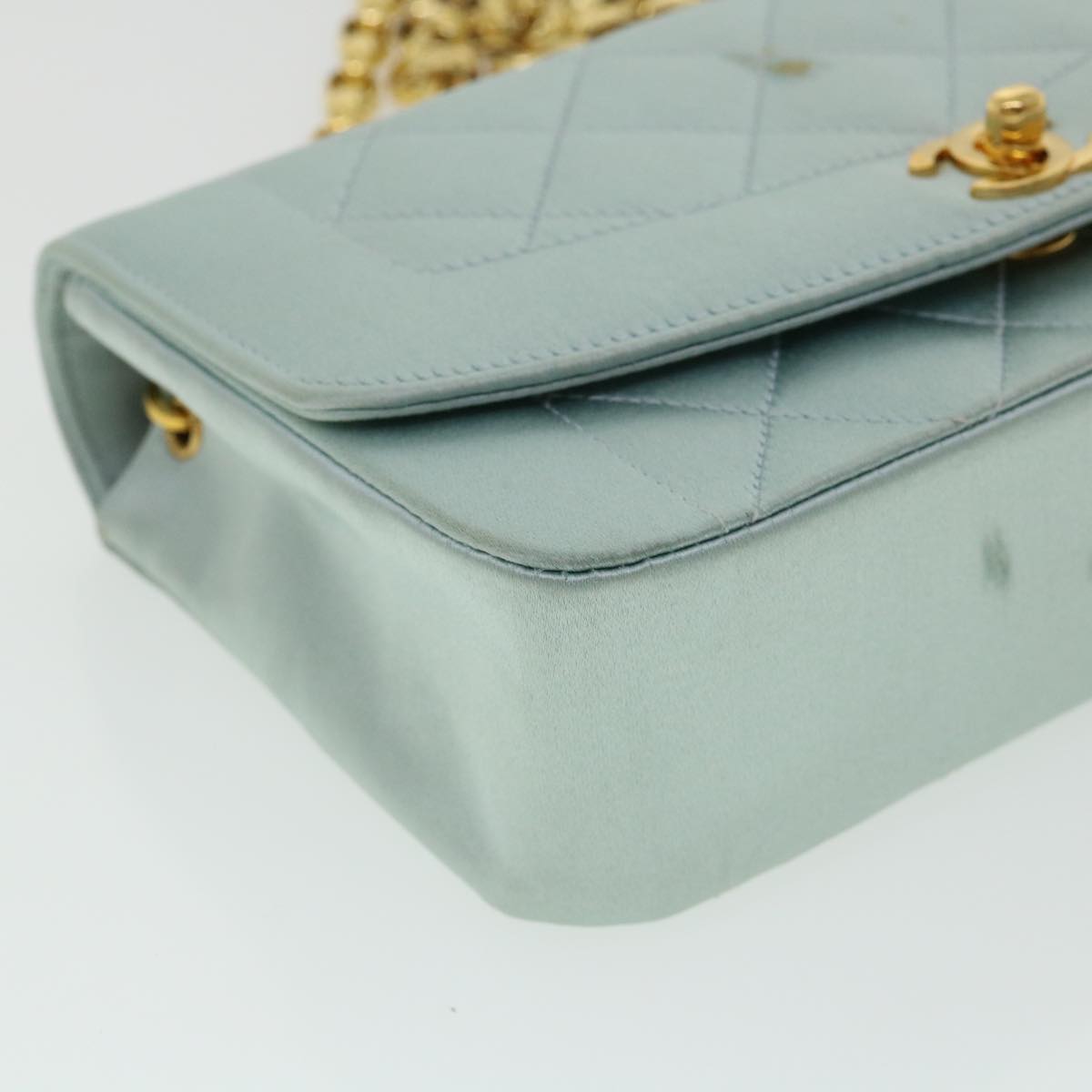 CHANEL Diana Matelasse Shoulder Bag Satin Light Blue CC Auth 33325V