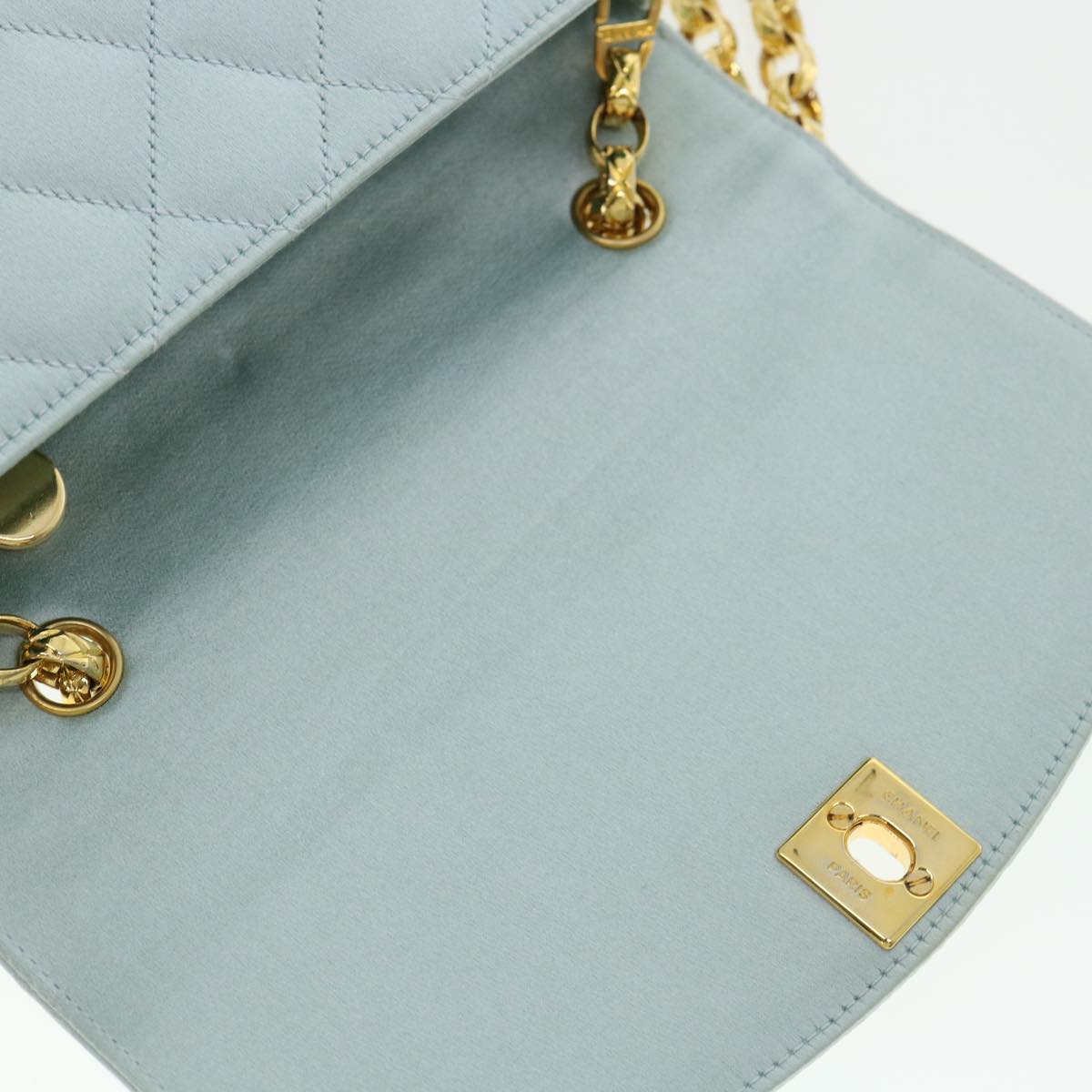 CHANEL Diana Matelasse Shoulder Bag Satin Light Blue CC Auth 33325V