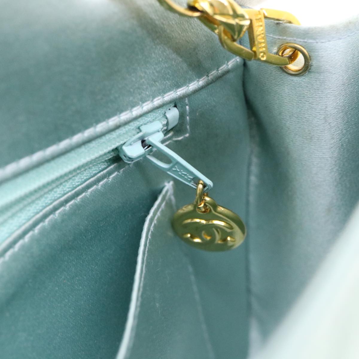 CHANEL Diana Matelasse Shoulder Bag Satin Light Blue CC Auth 33325V