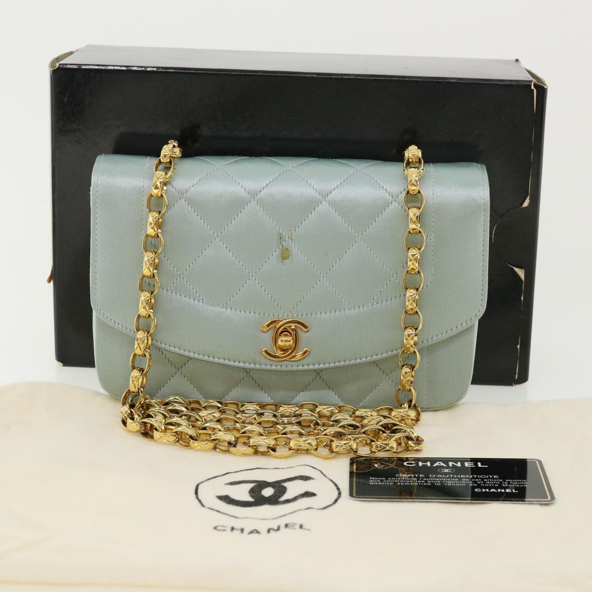 CHANEL Diana Matelasse Shoulder Bag Satin Light Blue CC Auth 33325V