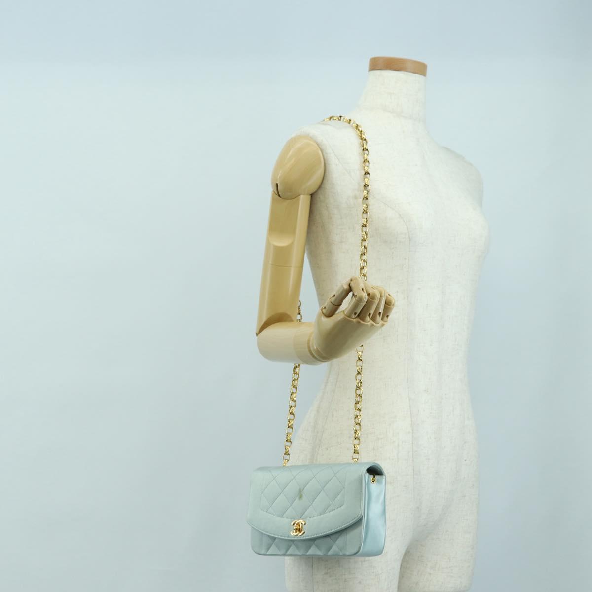 CHANEL Diana Matelasse Shoulder Bag Satin Light Blue CC Auth 33325A
