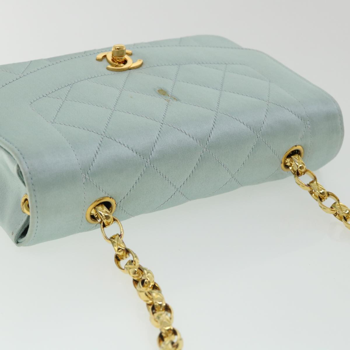 CHANEL Diana Matelasse Shoulder Bag Satin Light Blue CC Auth 33325V