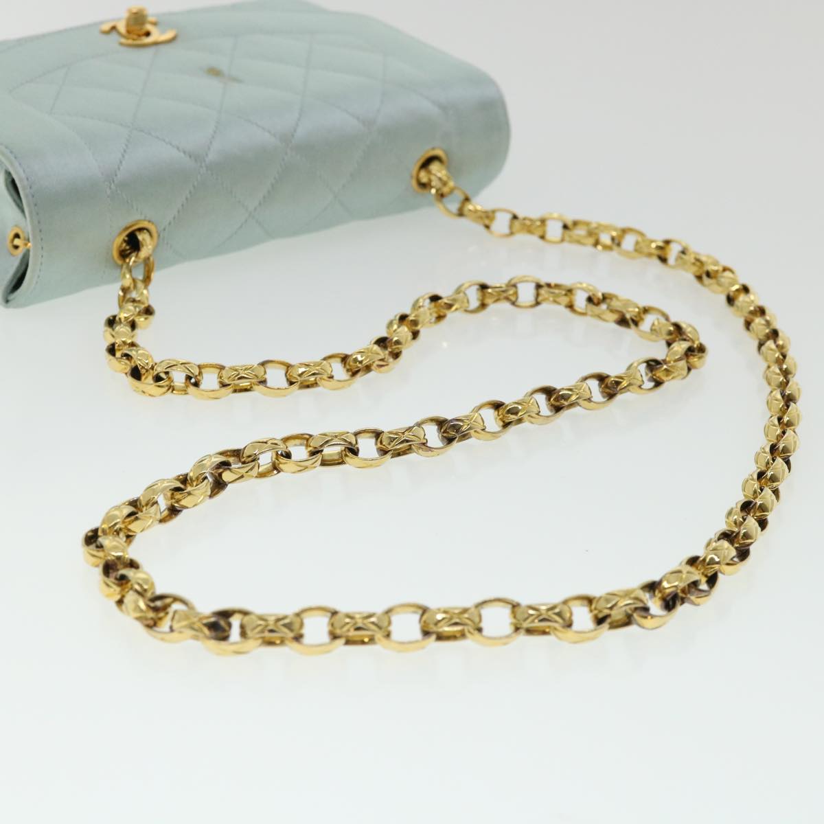 CHANEL Diana Matelasse Shoulder Bag Satin Light Blue CC Auth 33325V