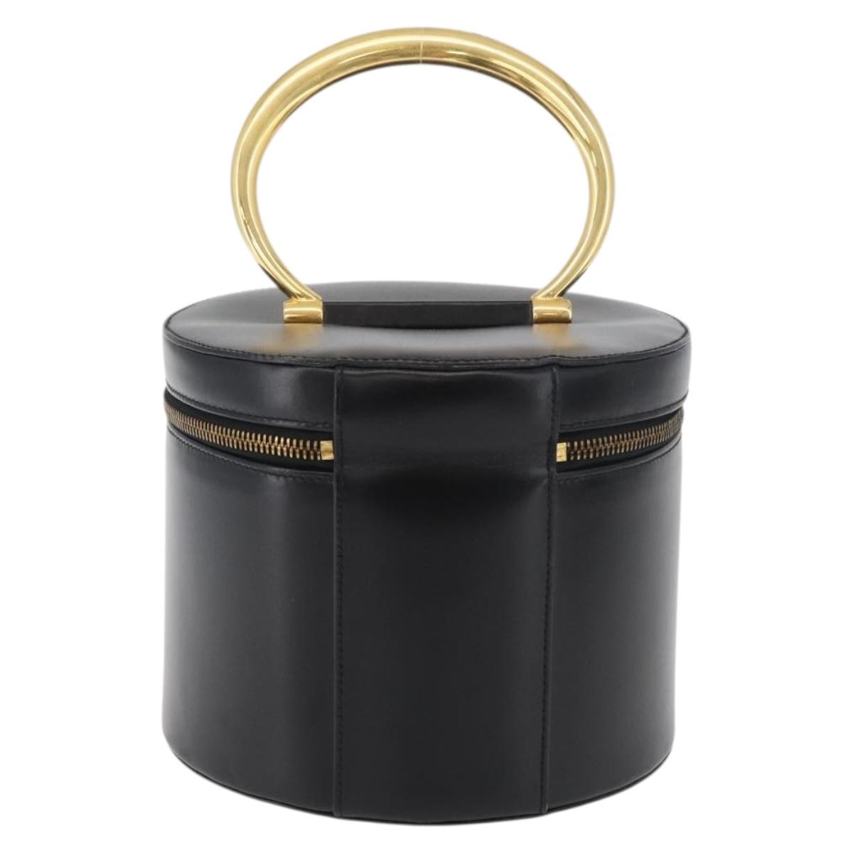 CELINE Vanity Cosmetic Pouch Leather Black Gold Auth 43930
