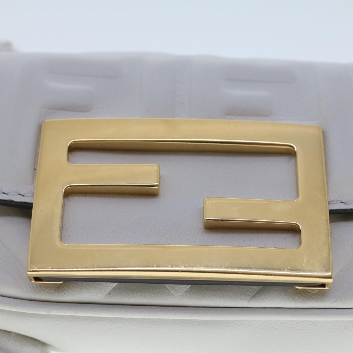 FENDI Zucca Canvas Nano Baguette Chain Shoulder Bag Leather White Auth 47061V