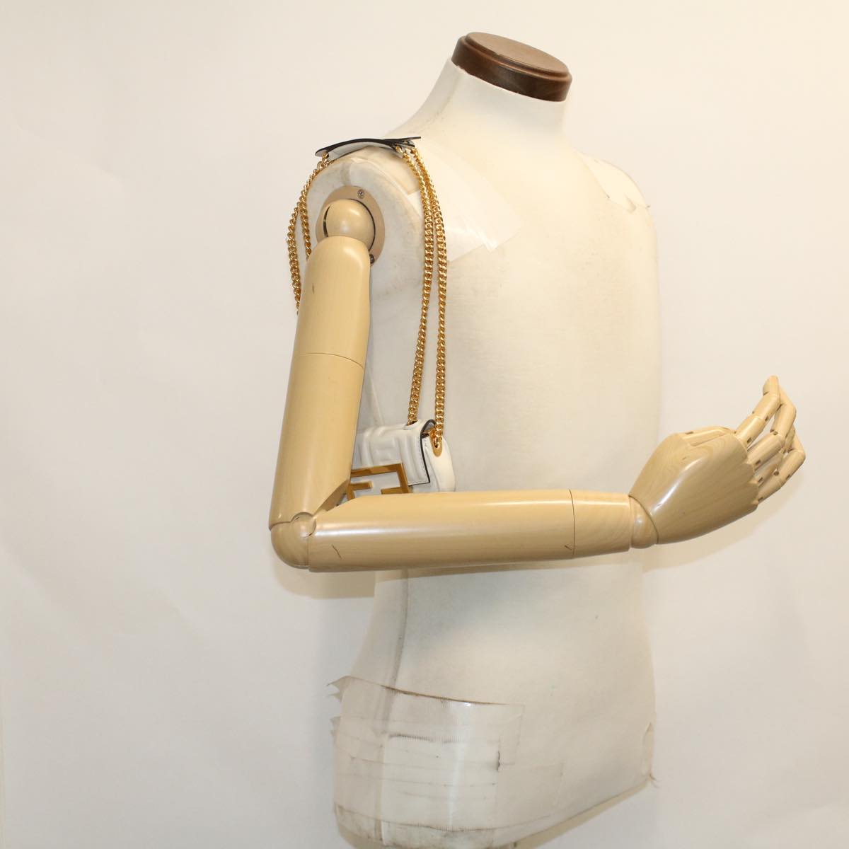 FENDI Zucca Canvas Nano Baguette Chain Shoulder Bag Leather White Auth 47061V