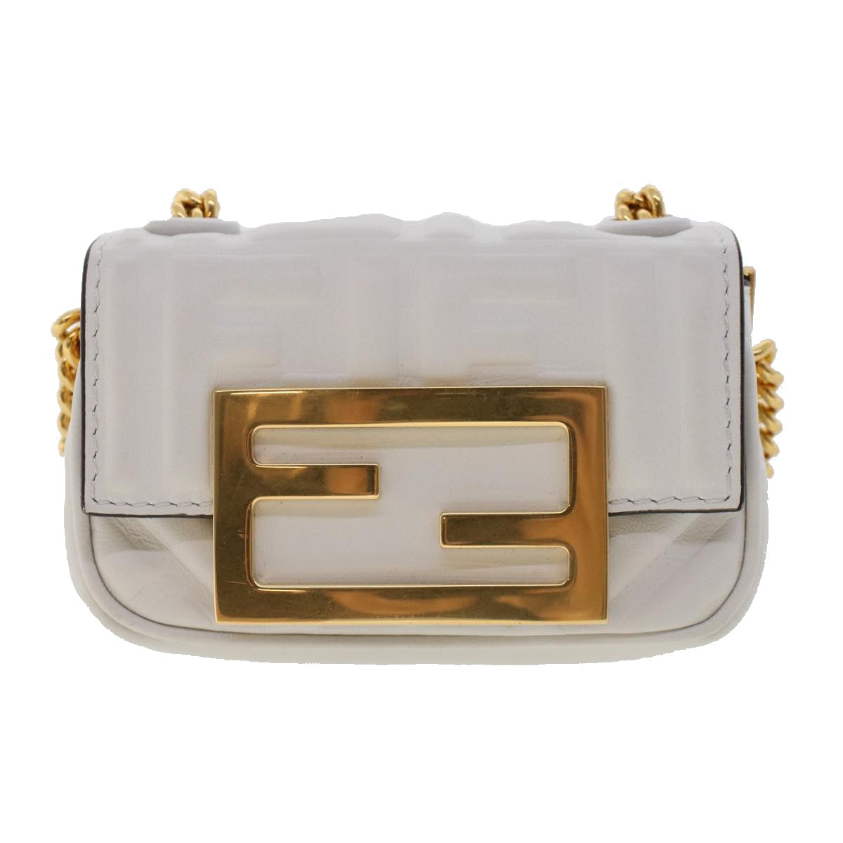 FENDI Zucca Canvas Nano Baguette Chain Shoulder Bag Leather White Auth 47061V