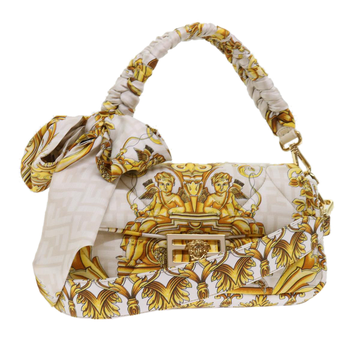 FENDI Baguette Shoulder Bag Polyester 2way White 8BR600 AK2D Auth 48072SM