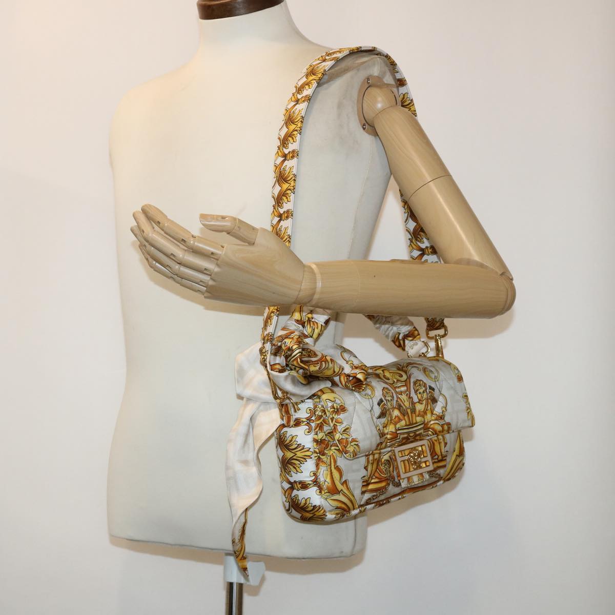 FENDI Baguette Shoulder Bag Polyester 2way White 8BR600 AK2D Auth 48072SM