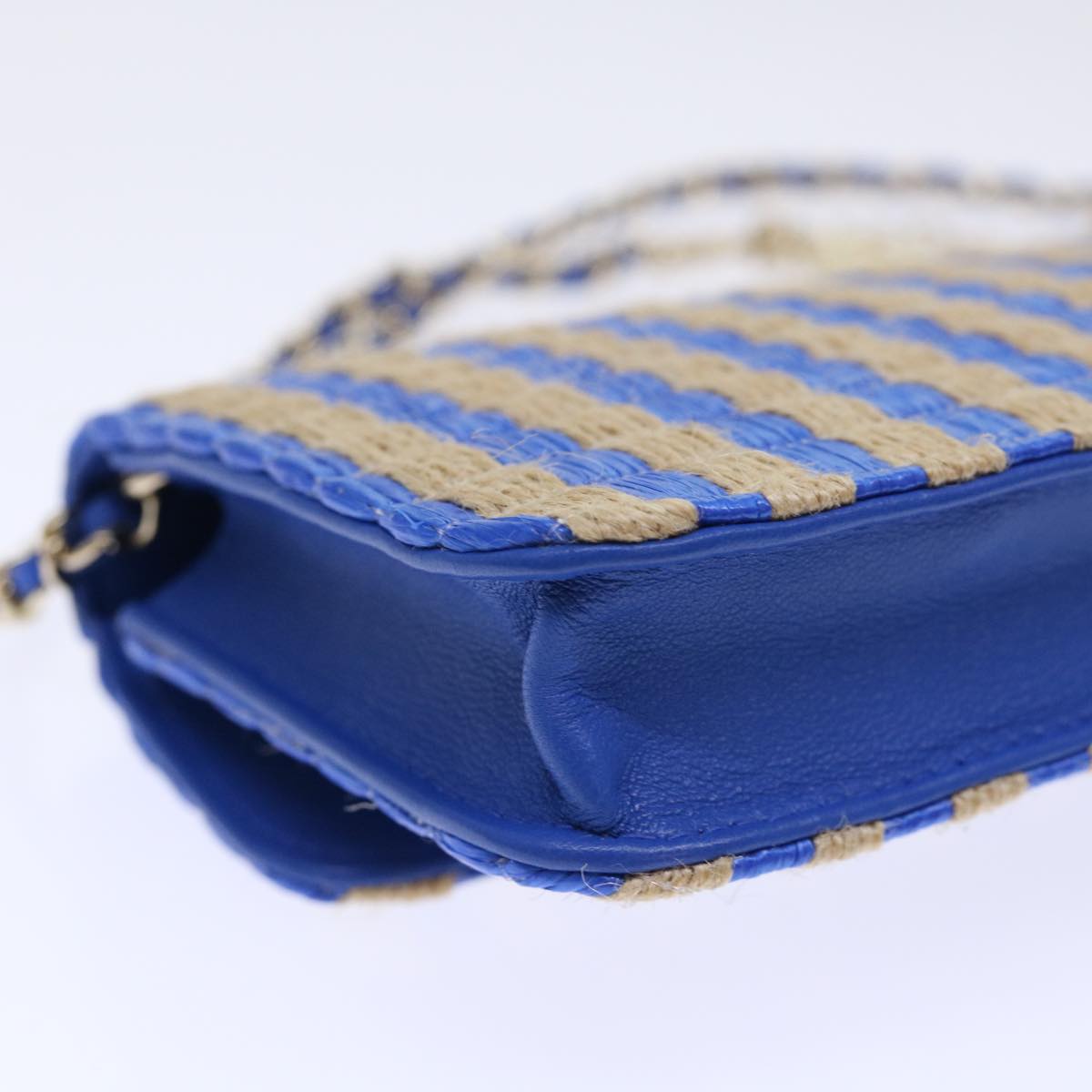 CHANEL Chain Shoulder Bag Raffia Blue Beige CC Auth 51139SV