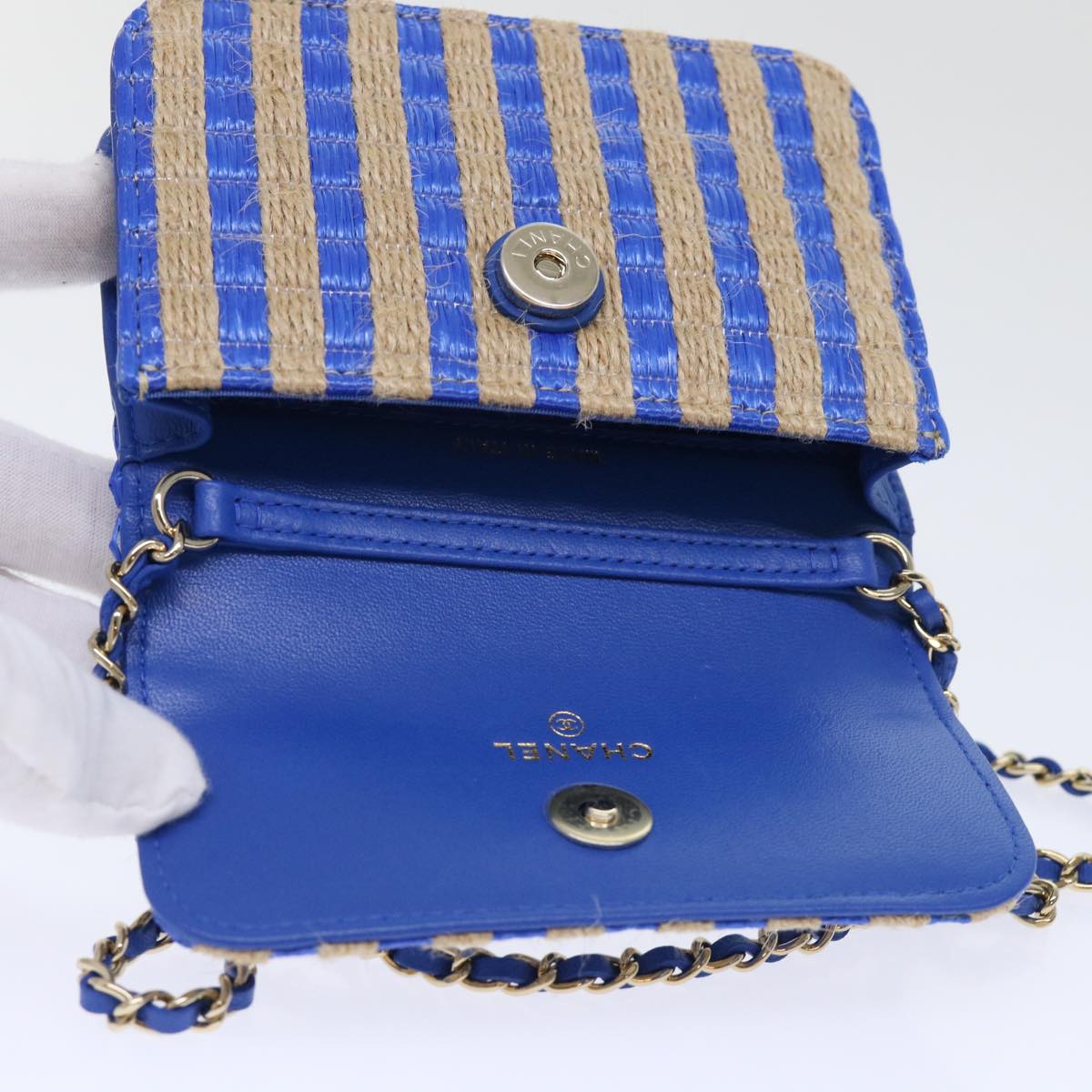 CHANEL Chain Shoulder Bag Raffia Blue Beige CC Auth 51139SV
