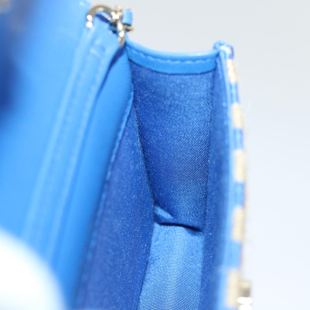 CHANEL Chain Shoulder Bag Raffia Blue Beige CC Auth 51139SV