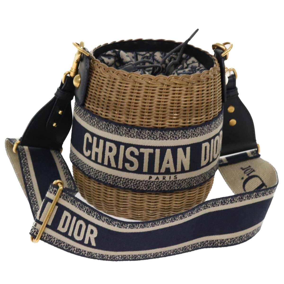 Christian Dior Basket Bag Trotter Canvas Shoulder Bag Rattan Blue Auth 51270SAV