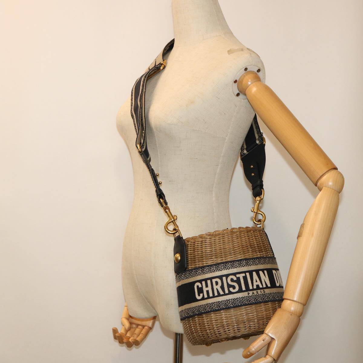 Christian Dior Basket Bag Trotter Canvas Shoulder Bag Rattan Blue Auth 51270SAV