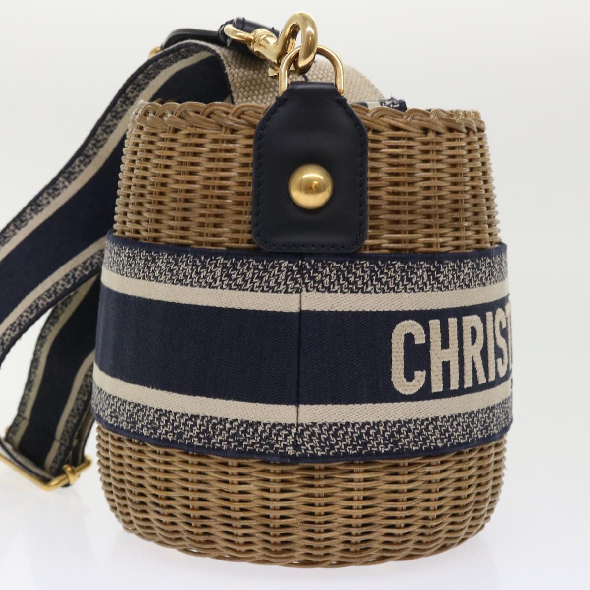 Christian Dior Basket Bag Trotter Canvas Shoulder Bag Rattan Blue Auth 51270SAV