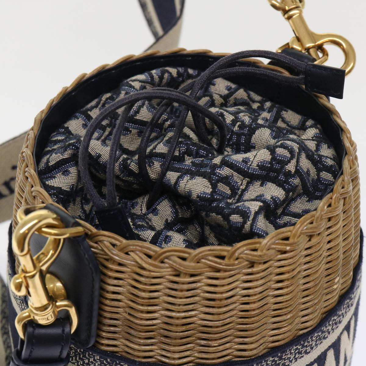 Christian Dior Basket Bag Trotter Canvas Shoulder Bag Rattan Blue Auth 51270SAV