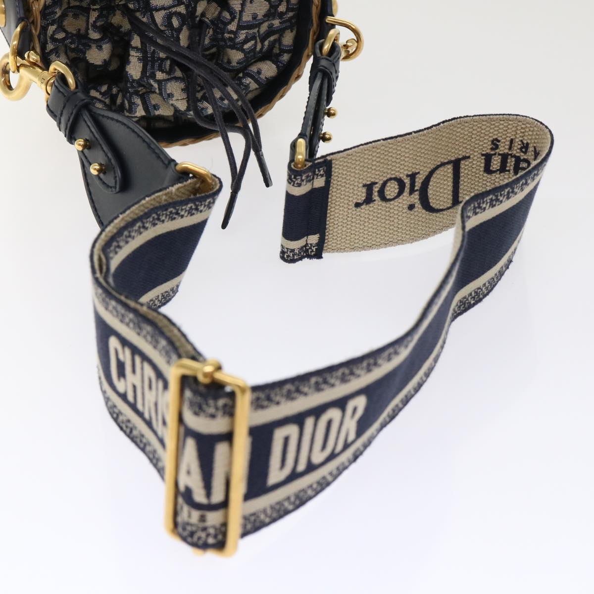Christian Dior Basket Bag Trotter Canvas Shoulder Bag Rattan Blue Auth 51270SAV