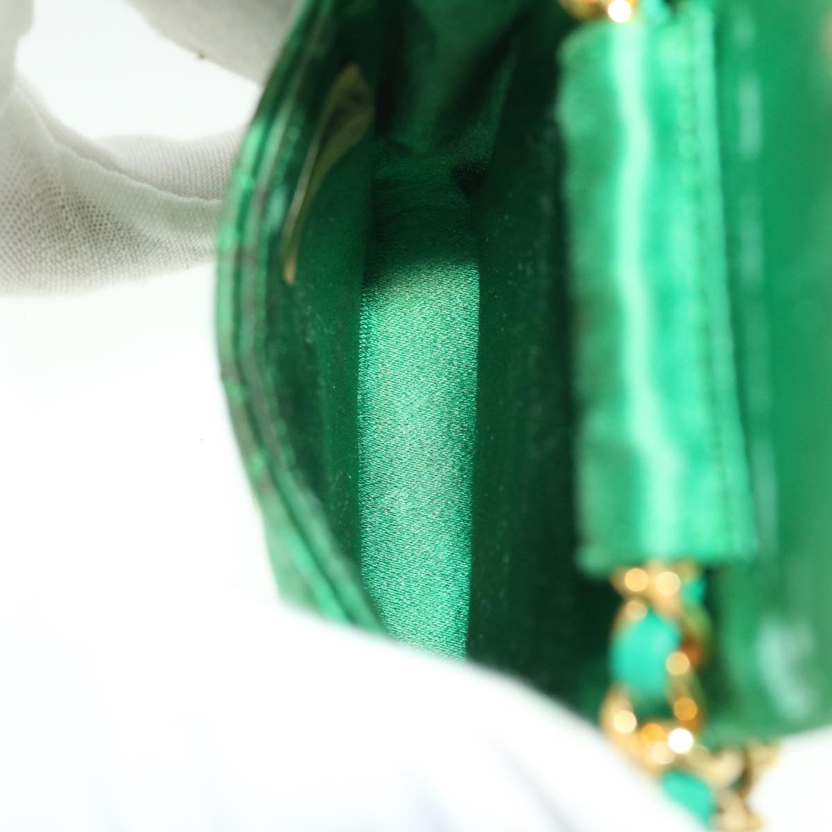 CHANEL Mini Matelasse Chain Pouch Shoulder Bag Satin Green Gold CC Auth 51271V