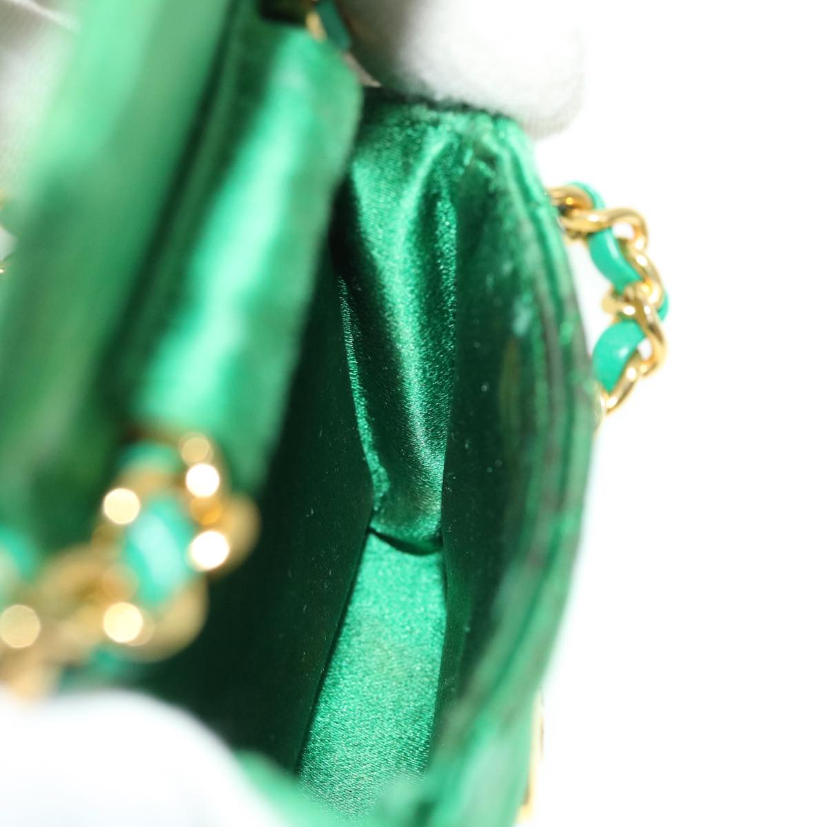 CHANEL Mini Matelasse Chain Pouch Shoulder Bag Satin Green Gold CC Auth 51271V