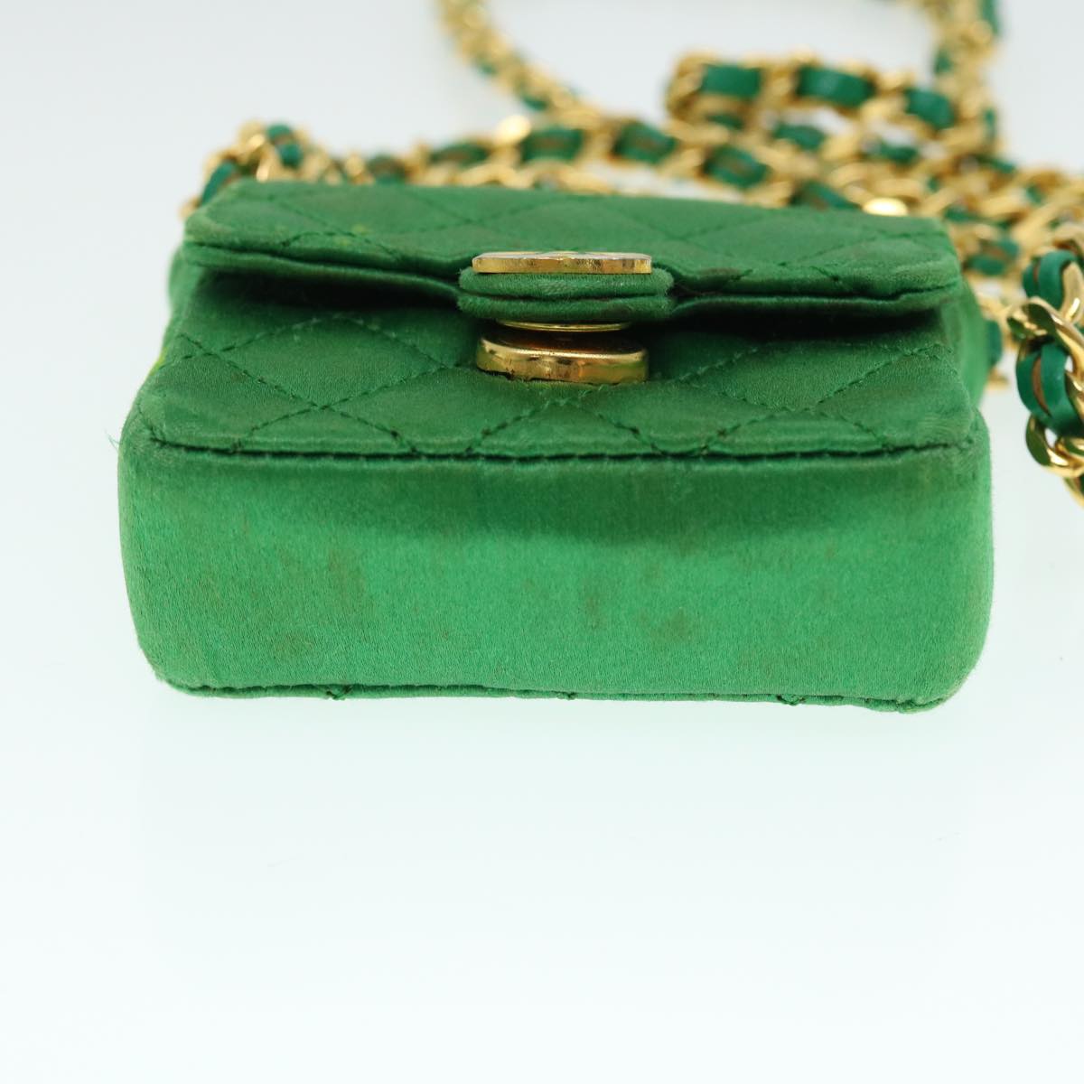 CHANEL Mini Matelasse Chain Pouch Shoulder Bag Satin Green Gold CC Auth 51271V