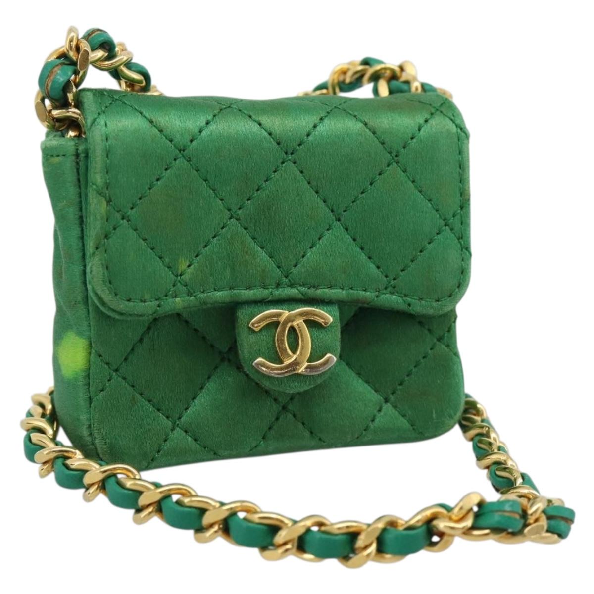 CHANEL Mini Matelasse Chain Pouch Shoulder Bag Satin Green Gold CC Auth 51271V