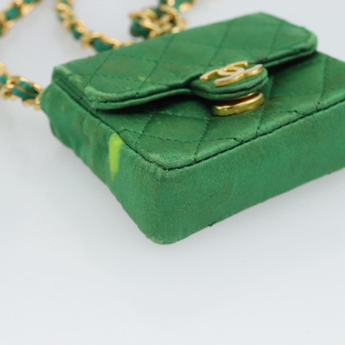 CHANEL Mini Matelasse Chain Pouch Shoulder Bag Satin Green Gold CC Auth 51271V