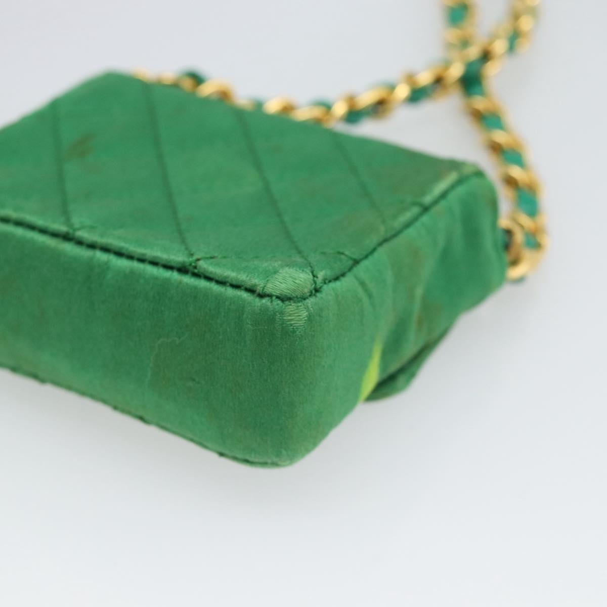 CHANEL Mini Matelasse Chain Pouch Shoulder Bag Satin Green Gold CC Auth 51271V
