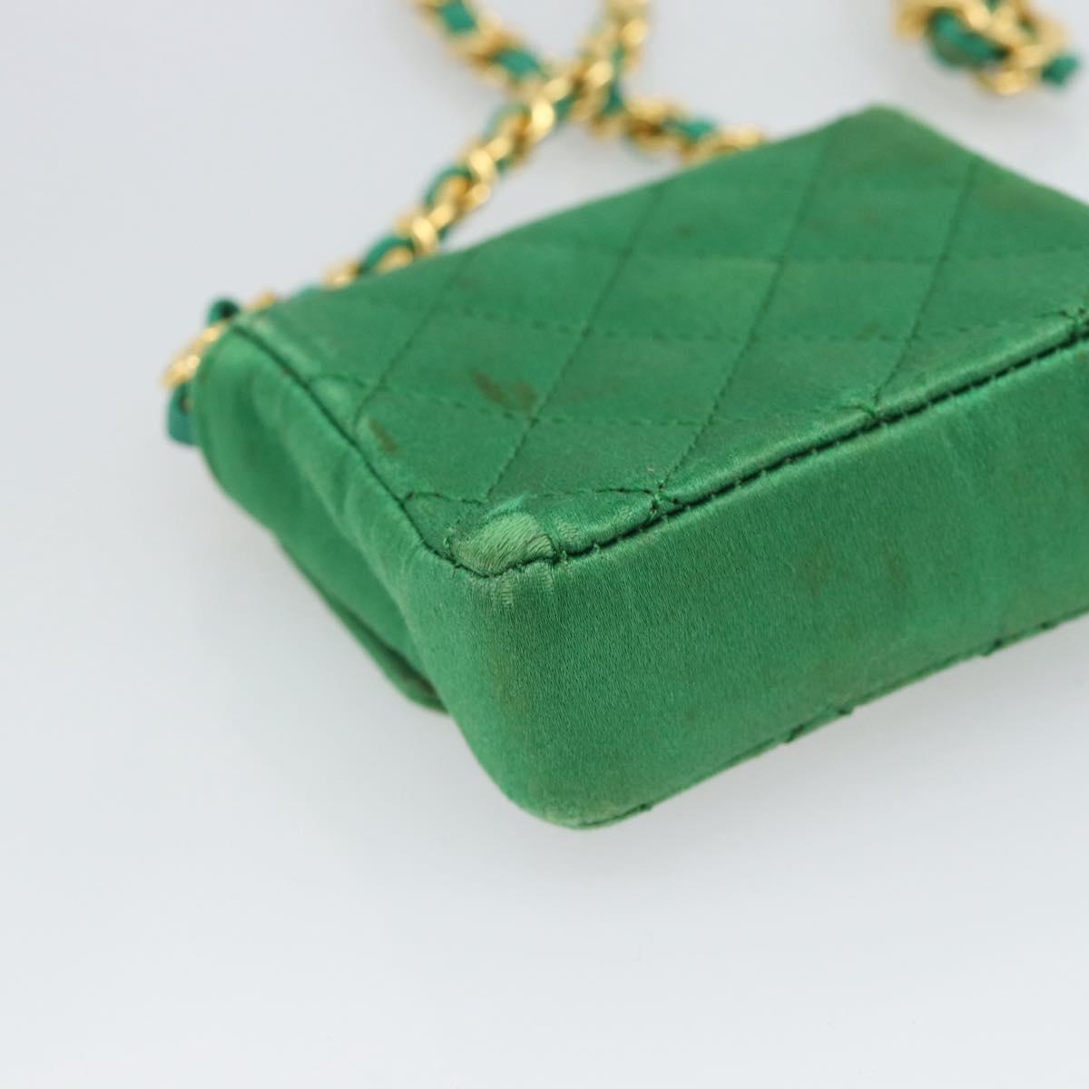 CHANEL Mini Matelasse Chain Pouch Shoulder Bag Satin Green Gold CC Auth 51271V