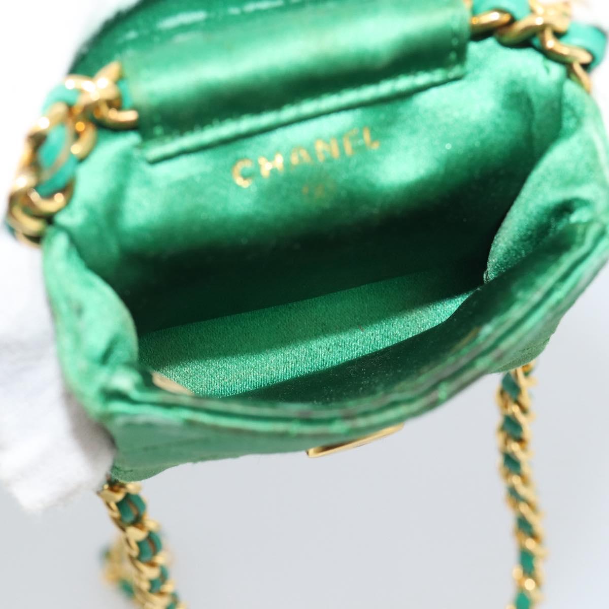 CHANEL Mini Matelasse Chain Pouch Shoulder Bag Satin Green Gold CC Auth 51271V