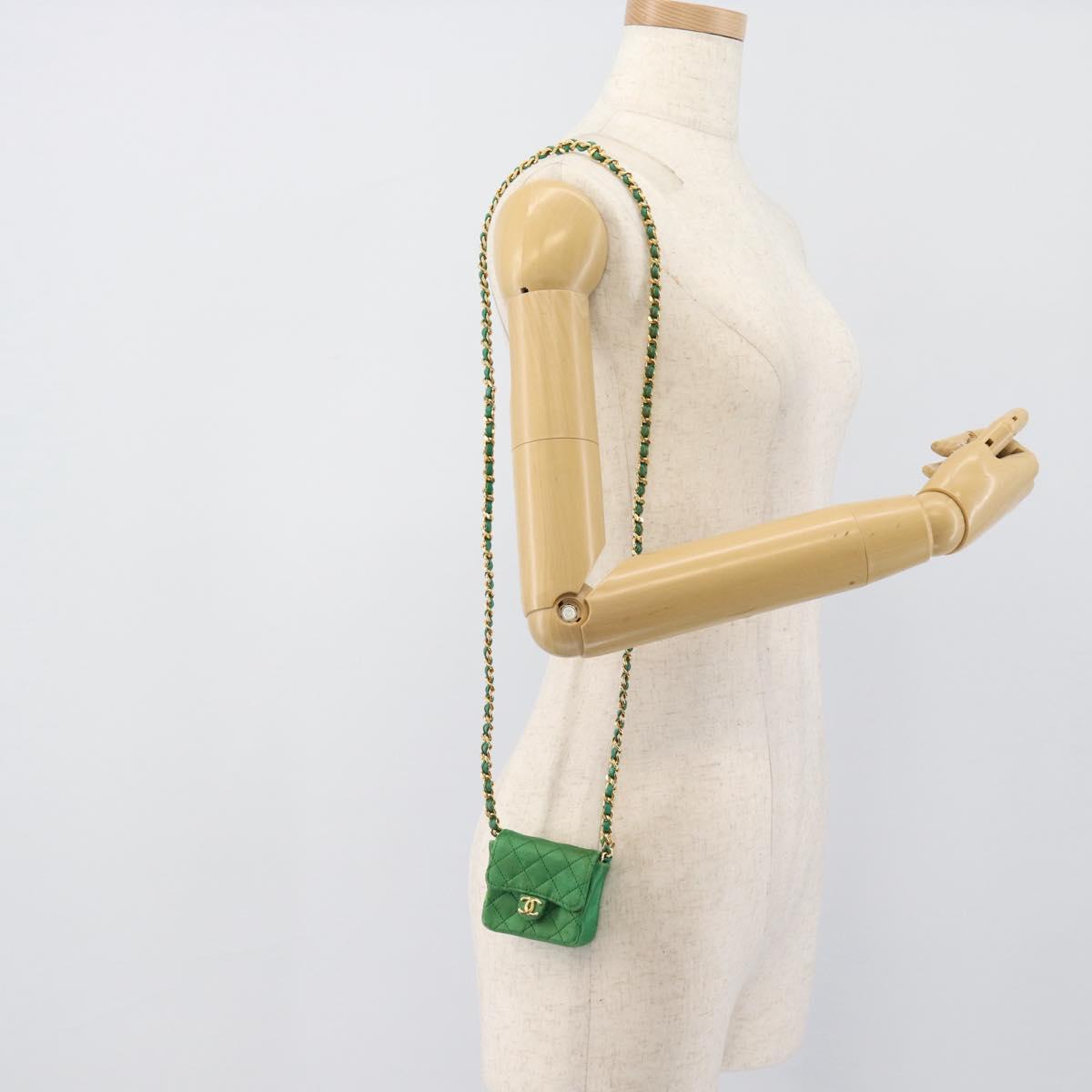 CHANEL Mini Matelasse Chain Pouch Shoulder Bag Satin Green Gold CC Auth 51271V