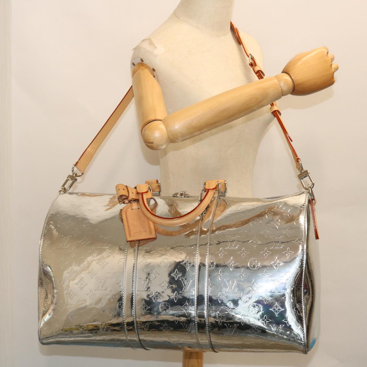 LOUIS VUITTON Monogram Keepall Bandouliere 50 Bag Silver M45886 LV Auth 53414S
