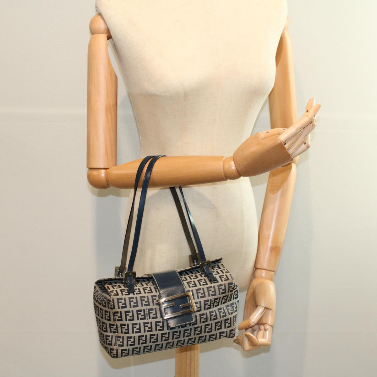 FENDI Zucchino Canvas Hand Bag Navy Auth 56963