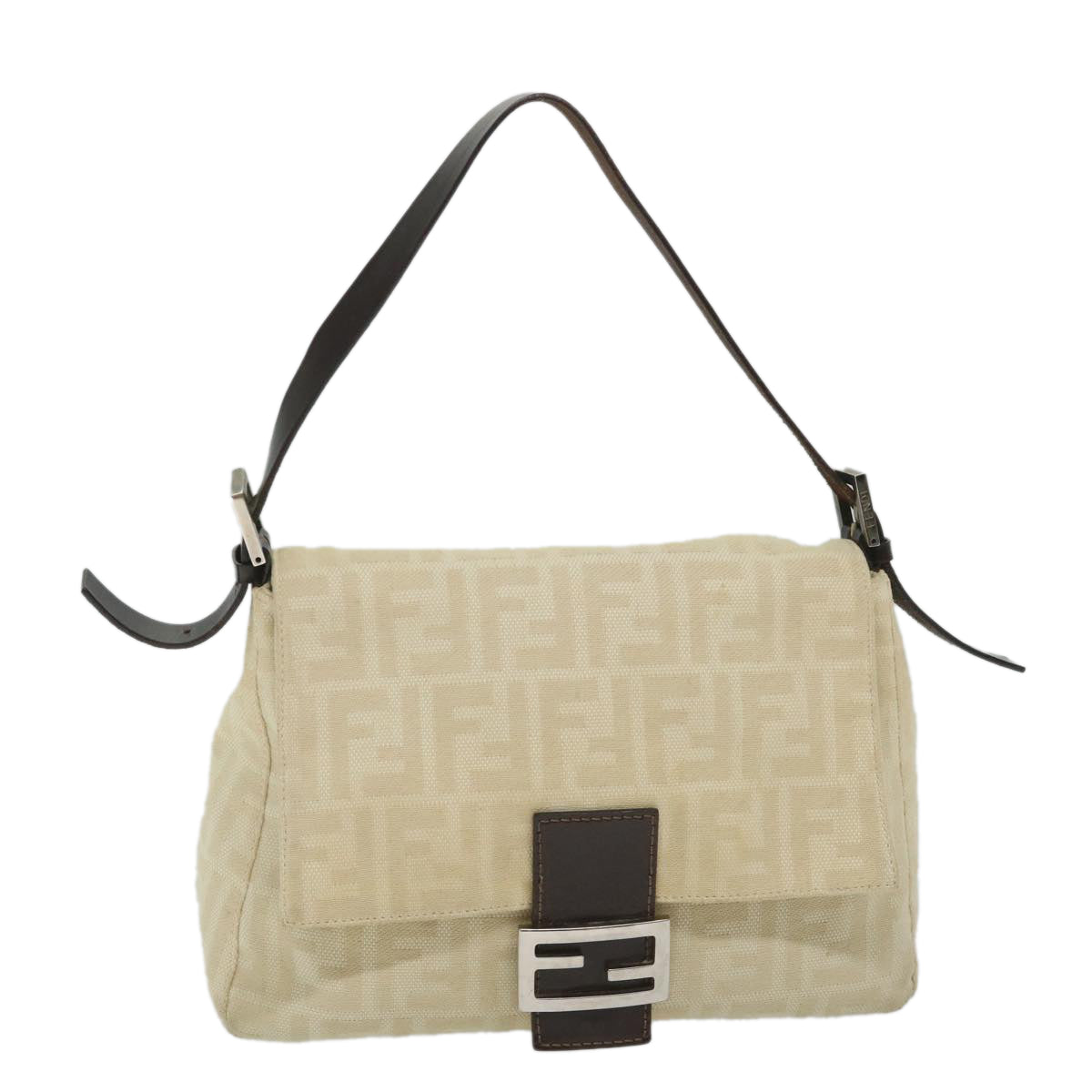 FENDI Zucca Canvas Mamma Baguette Shoulder Bag Beige Auth 57043