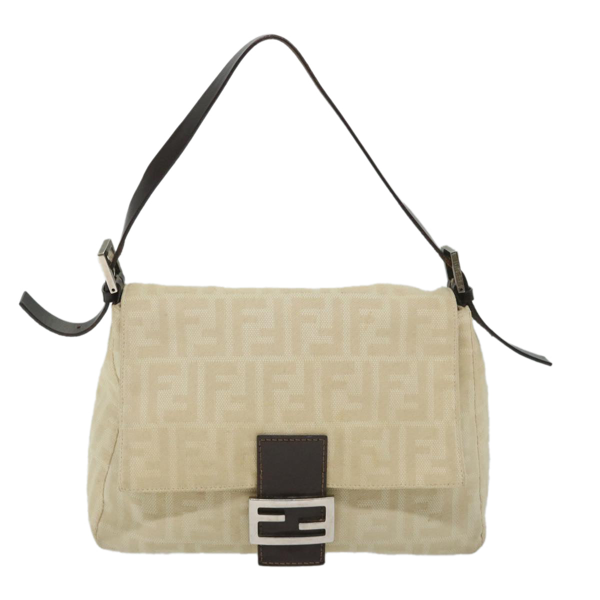FENDI Zucca Canvas Mamma Baguette Shoulder Bag Beige Auth 57043