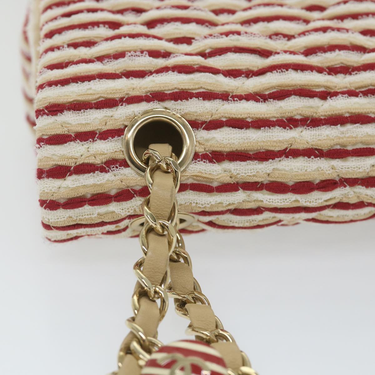 CHANEL Quilted Matelasse 25 Chain Shoulder Bag Canvas Red Beige CC Auth 58343SM