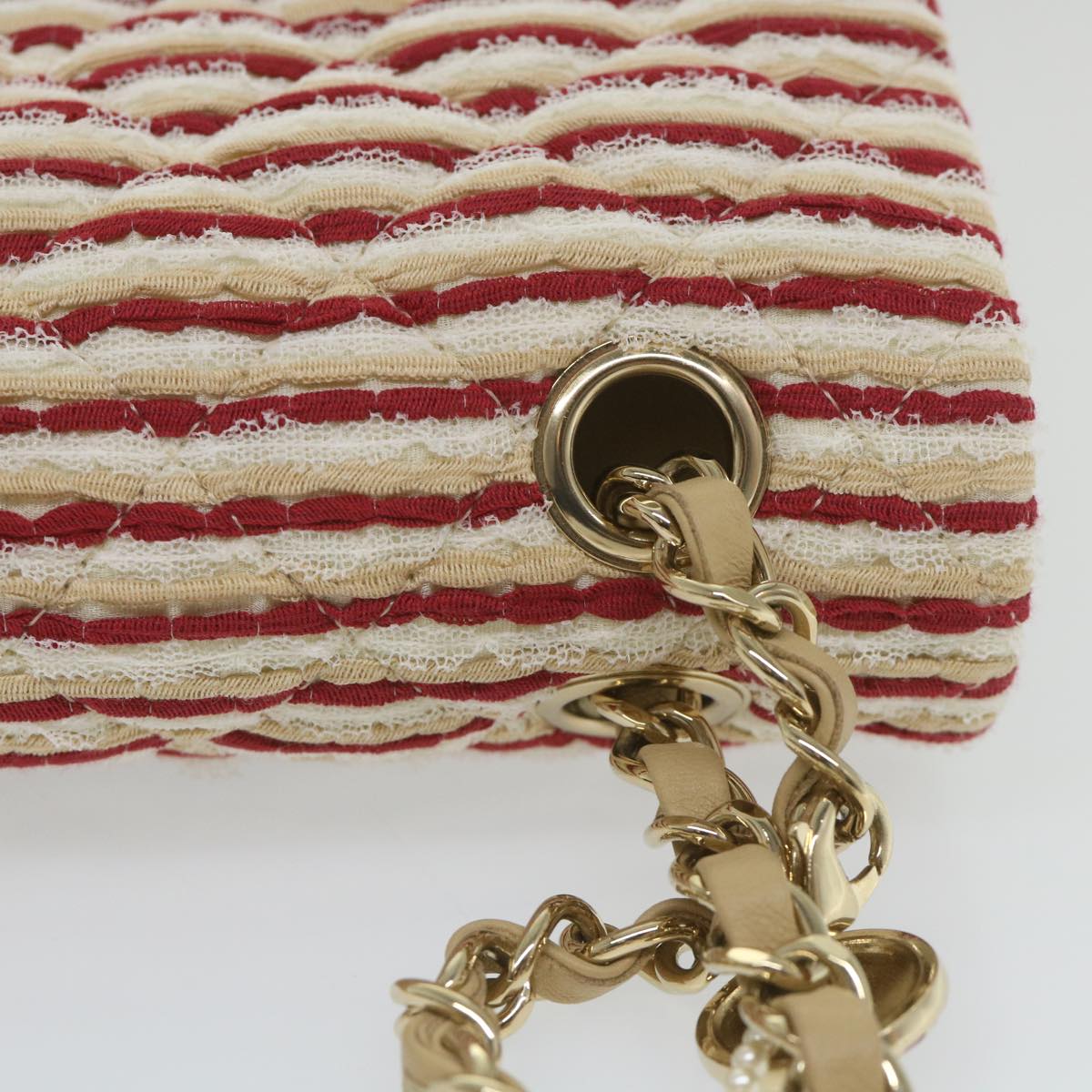 CHANEL Quilted Matelasse 25 Chain Shoulder Bag Canvas Red Beige CC Auth 58343SM