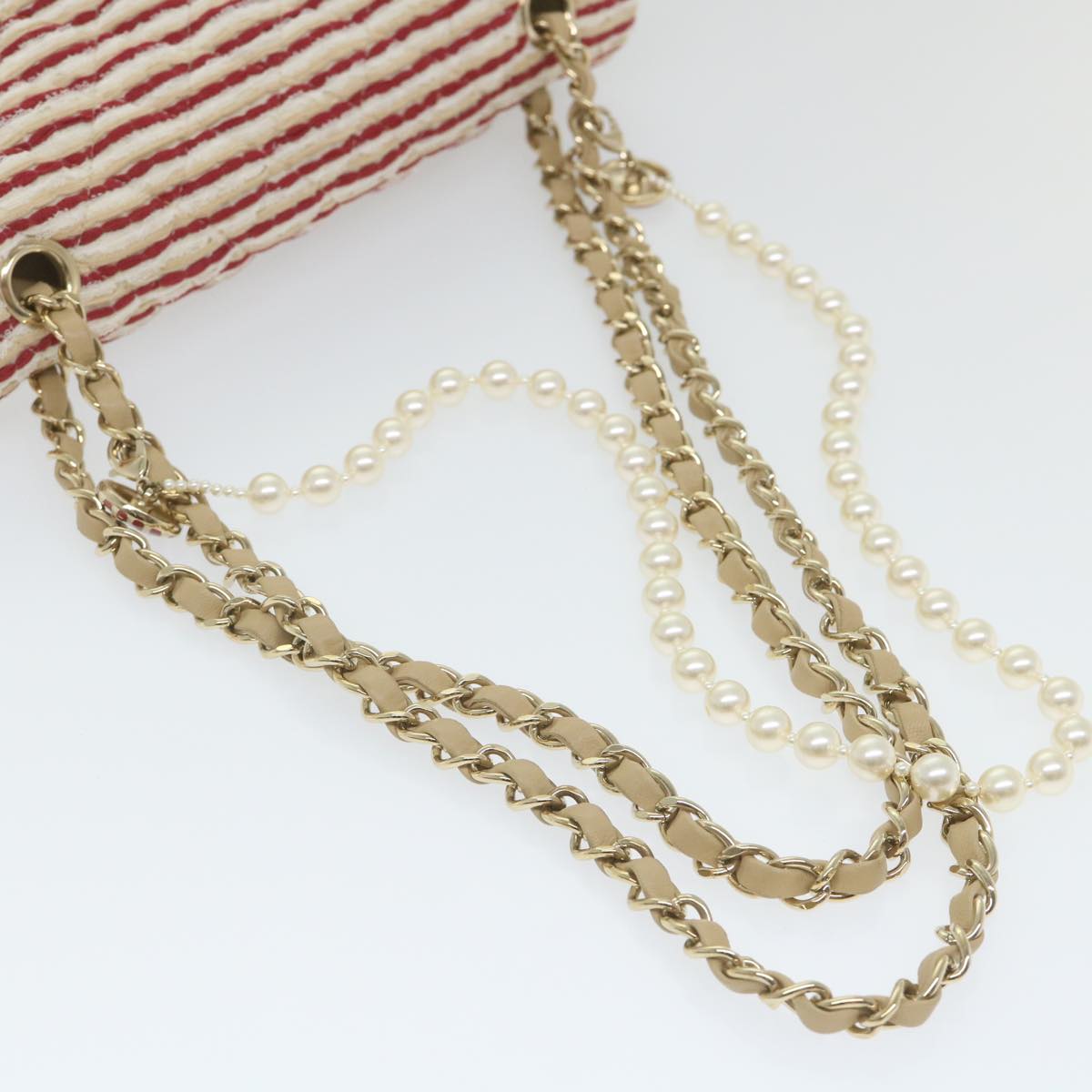 CHANEL Quilted Matelasse 25 Chain Shoulder Bag Canvas Red Beige CC Auth 58343SM