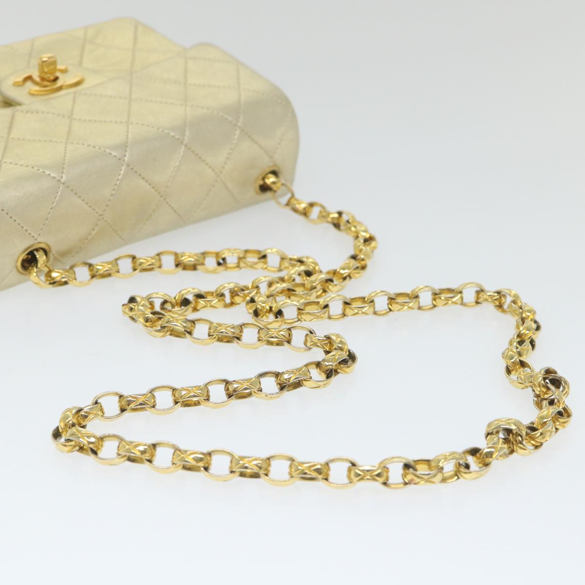 CHANEL Matelasse 17 Chain Shoulder Bag Lamb Skin Gold CC Auth 58346SAV