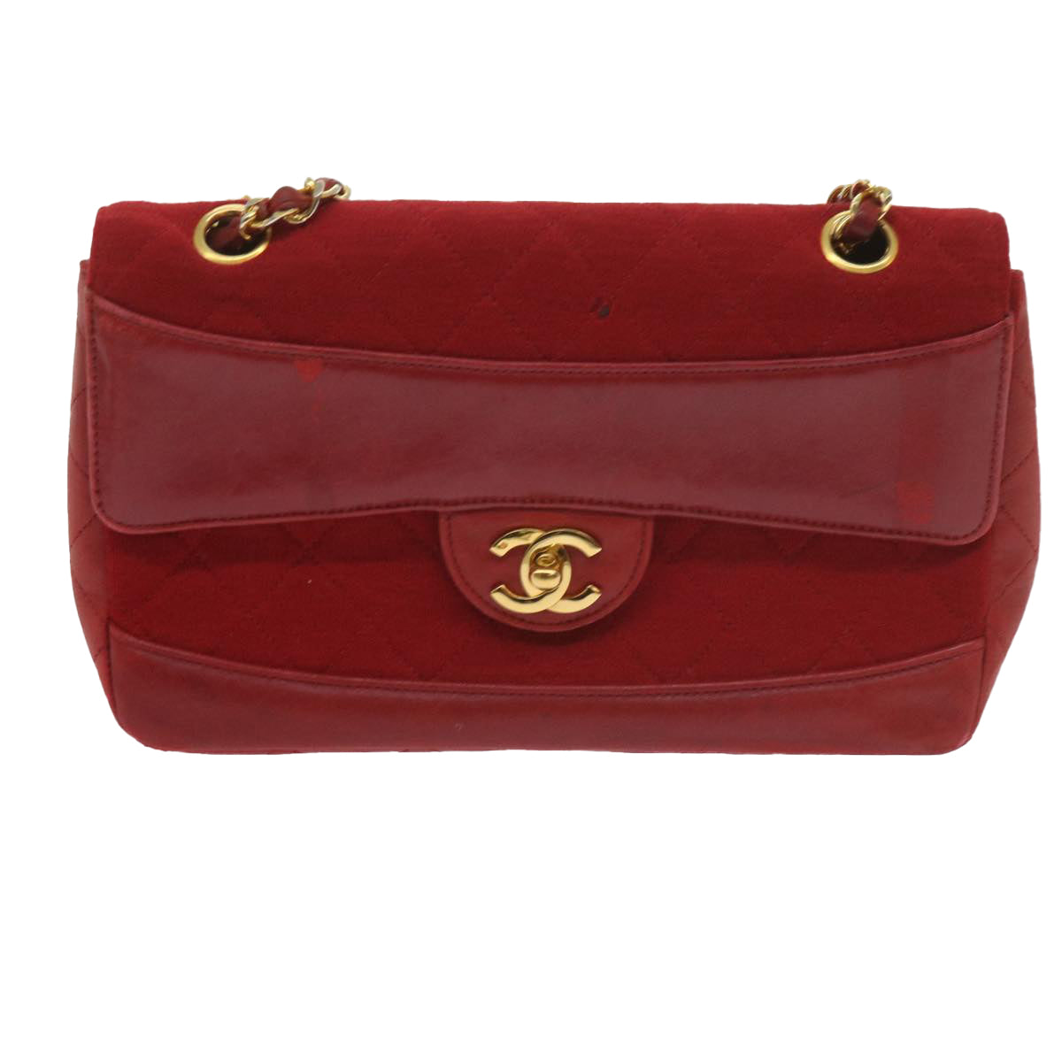 CHANEL Matelasse Chain Shoulder Bag Canvas Red CC Auth 59869A