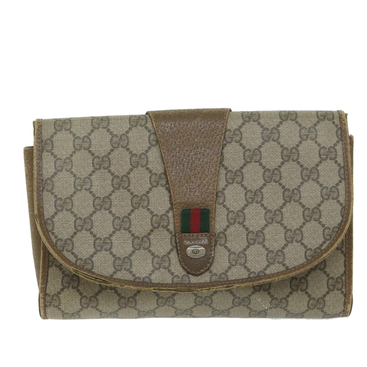 GUCCI GG Canvas Web Sherry Line Clutch Bag PVC Beige Green Red Auth 64005