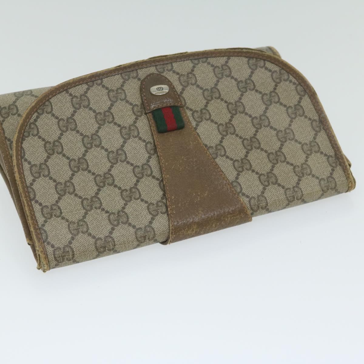 GUCCI GG Canvas Web Sherry Line Clutch Bag PVC Beige Green Red Auth 64005