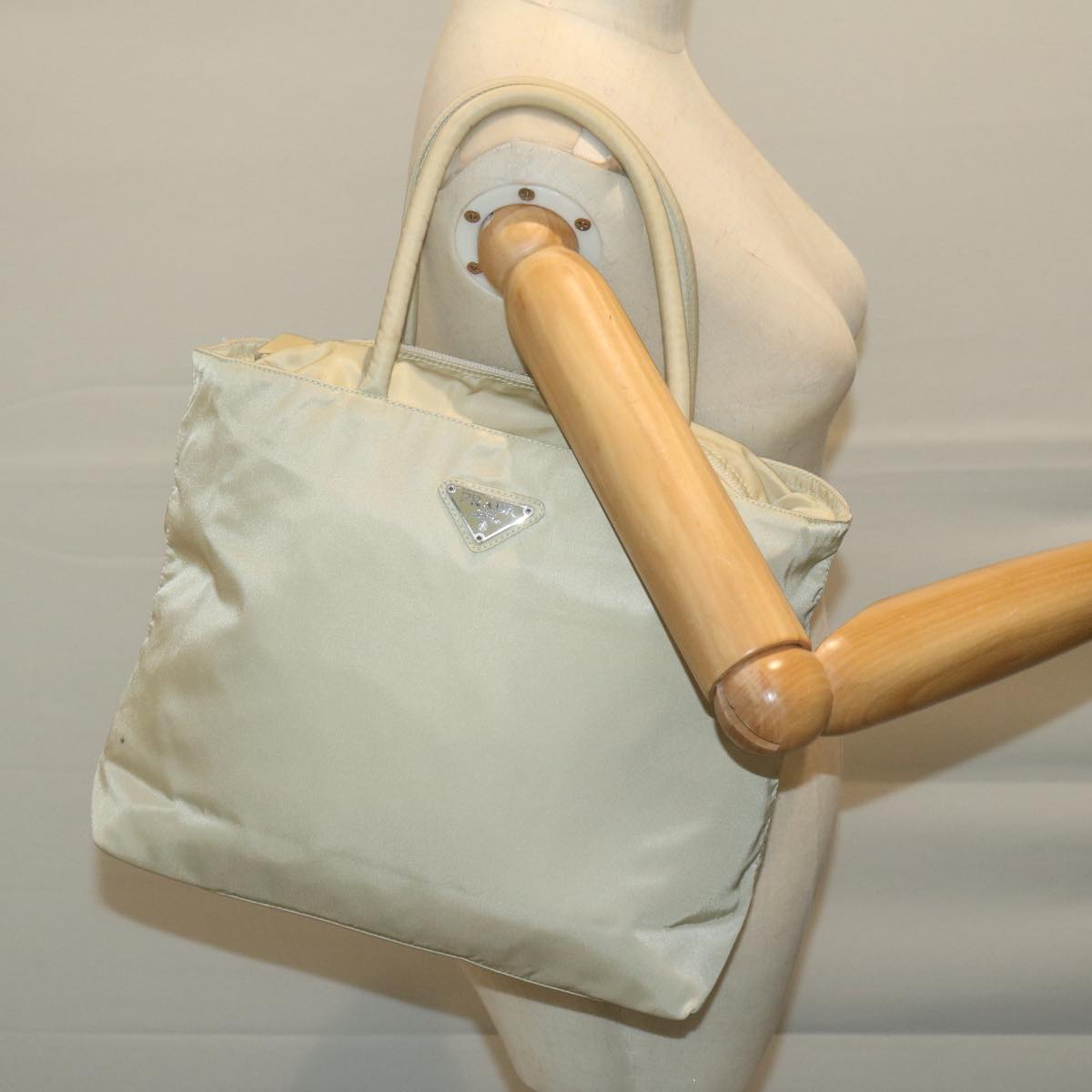 PRADA Tote Bag Nylon Cream Auth 65170