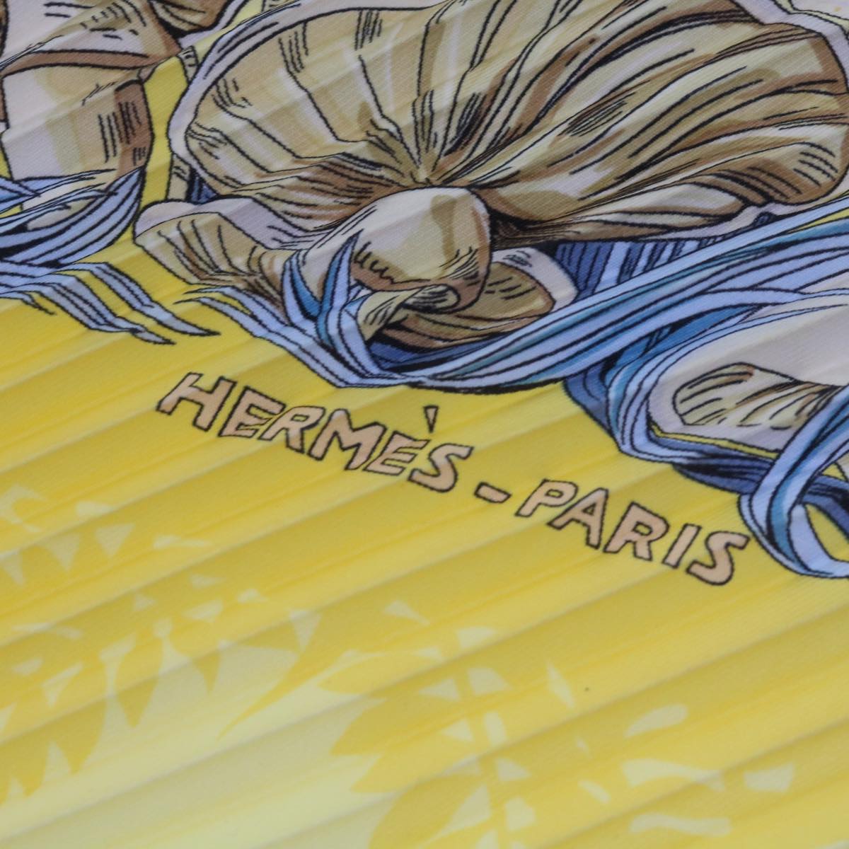 HERMES Carre Pleated L’Ile Deserte Scarf Silk Yellow Auth 65452