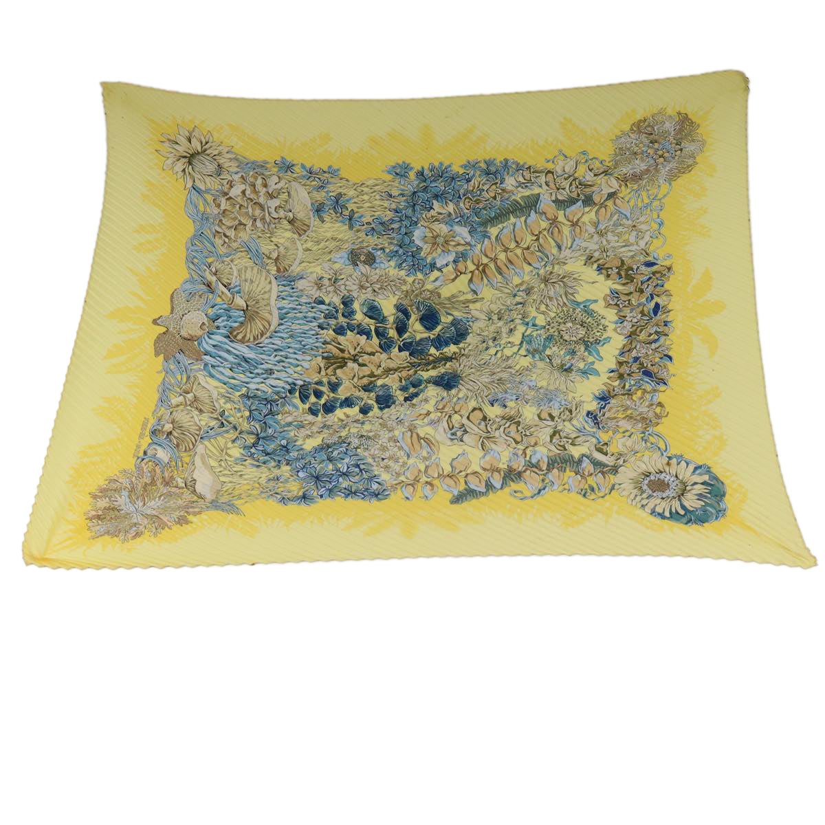 HERMES Carre Pleated L’Ile Deserte Scarf Silk Yellow Auth 65452