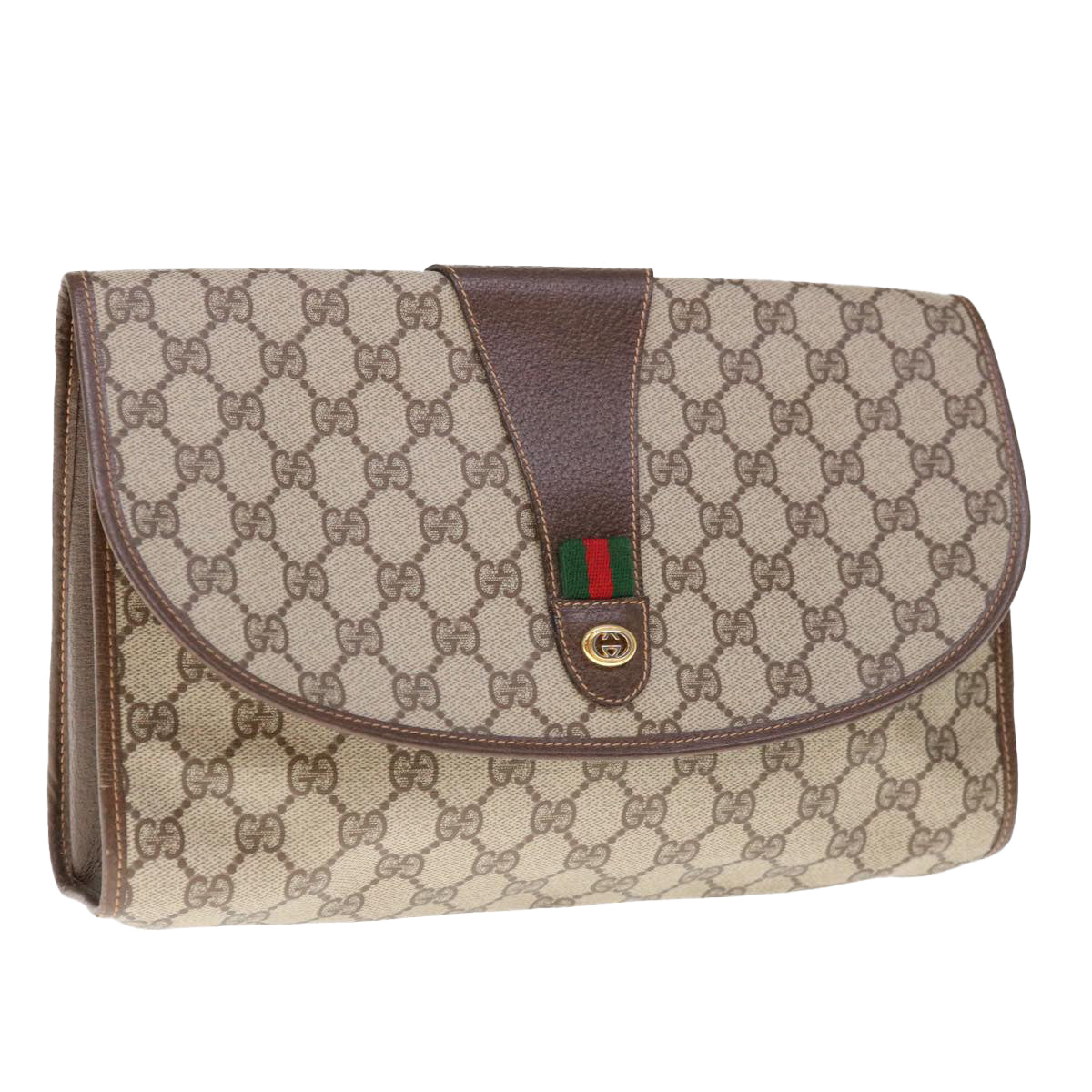 GUCCI GG Supreme Web Sherry Line Clutch Bag PVC Beige Red 156 01 031 Auth 65626