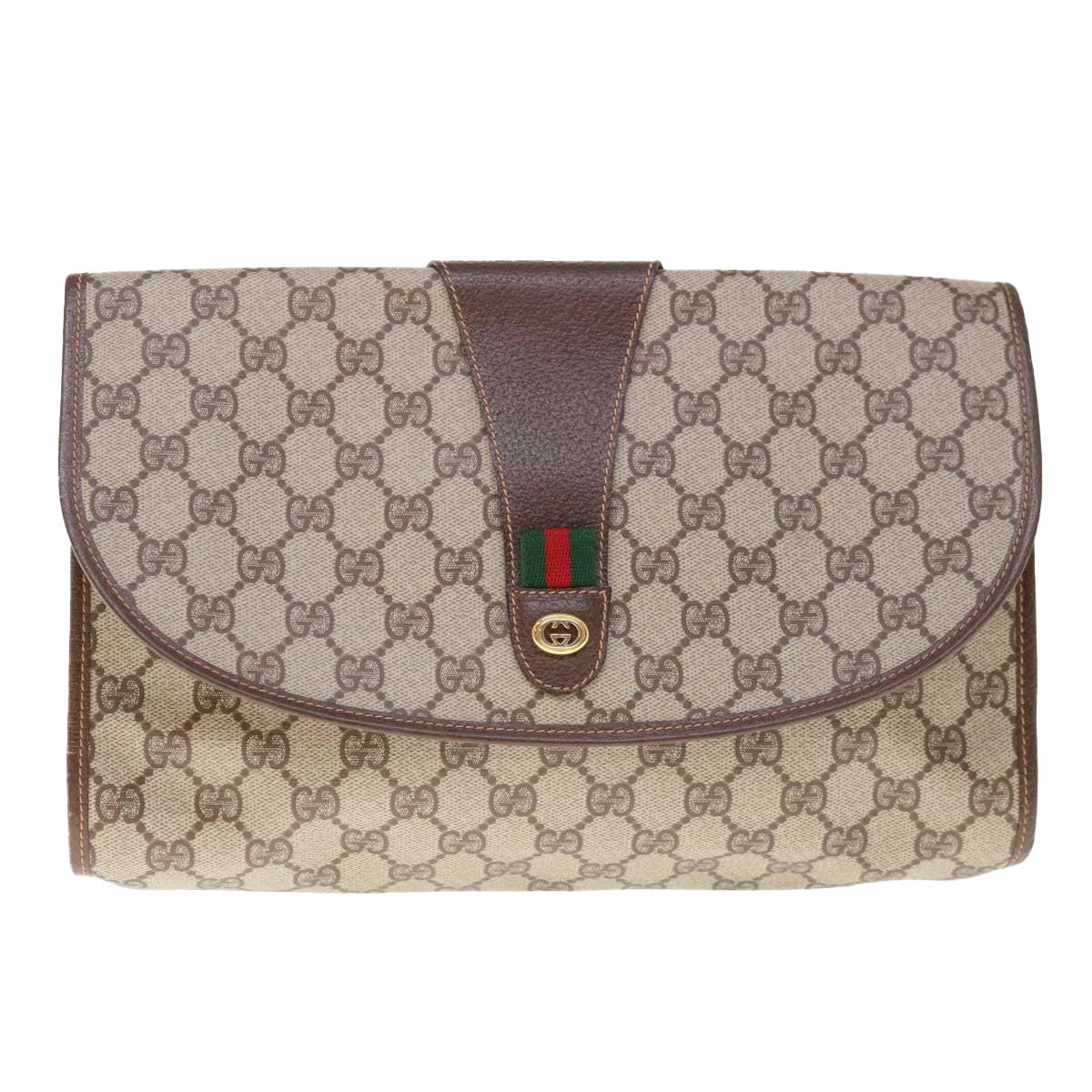 GUCCI GG Supreme Web Sherry Line Clutch Bag PVC Beige Red 156 01 031 Auth 65626