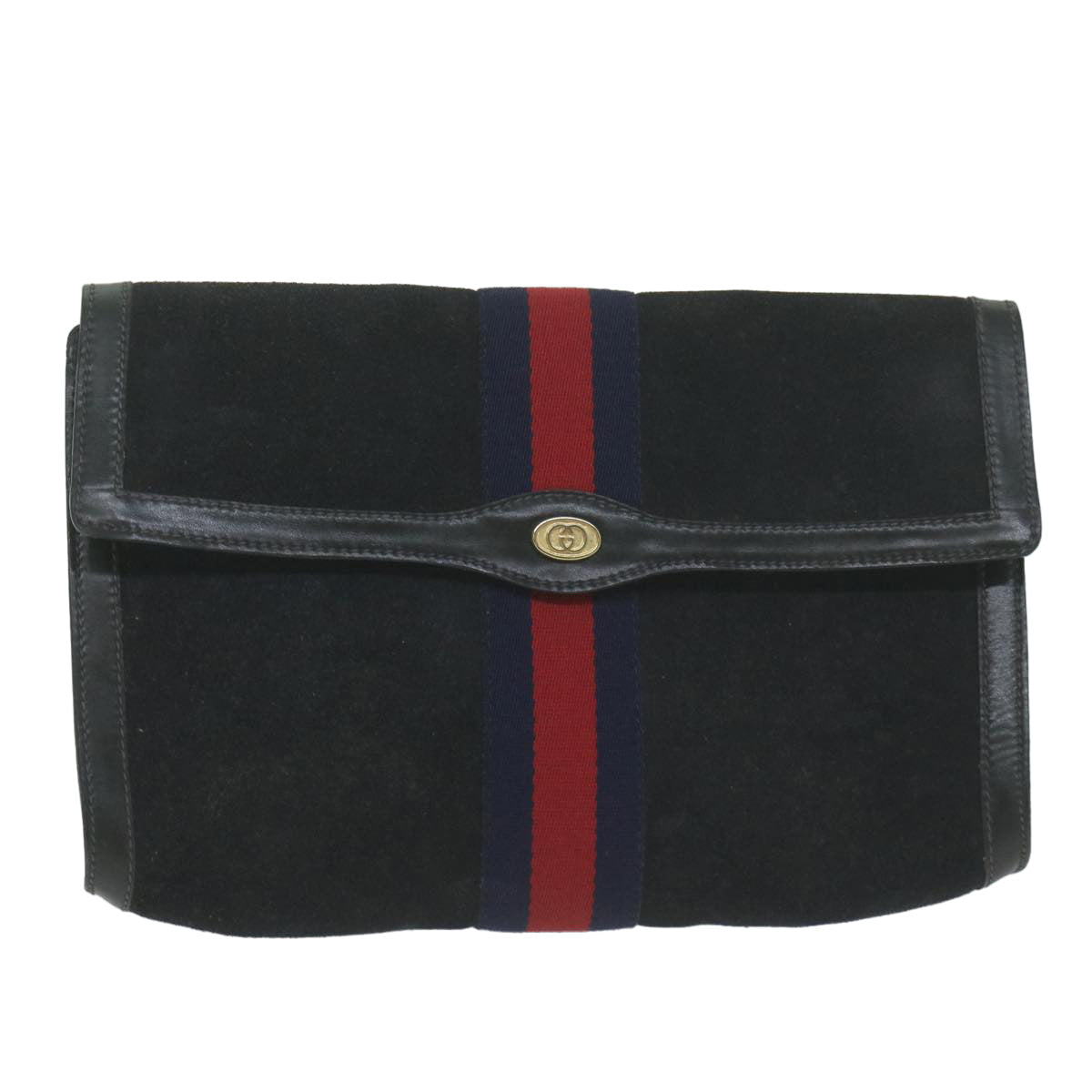 GUCCI Sherry Line Clutch Bag Suede Black Red Navy 37 014 3088 Auth 65806