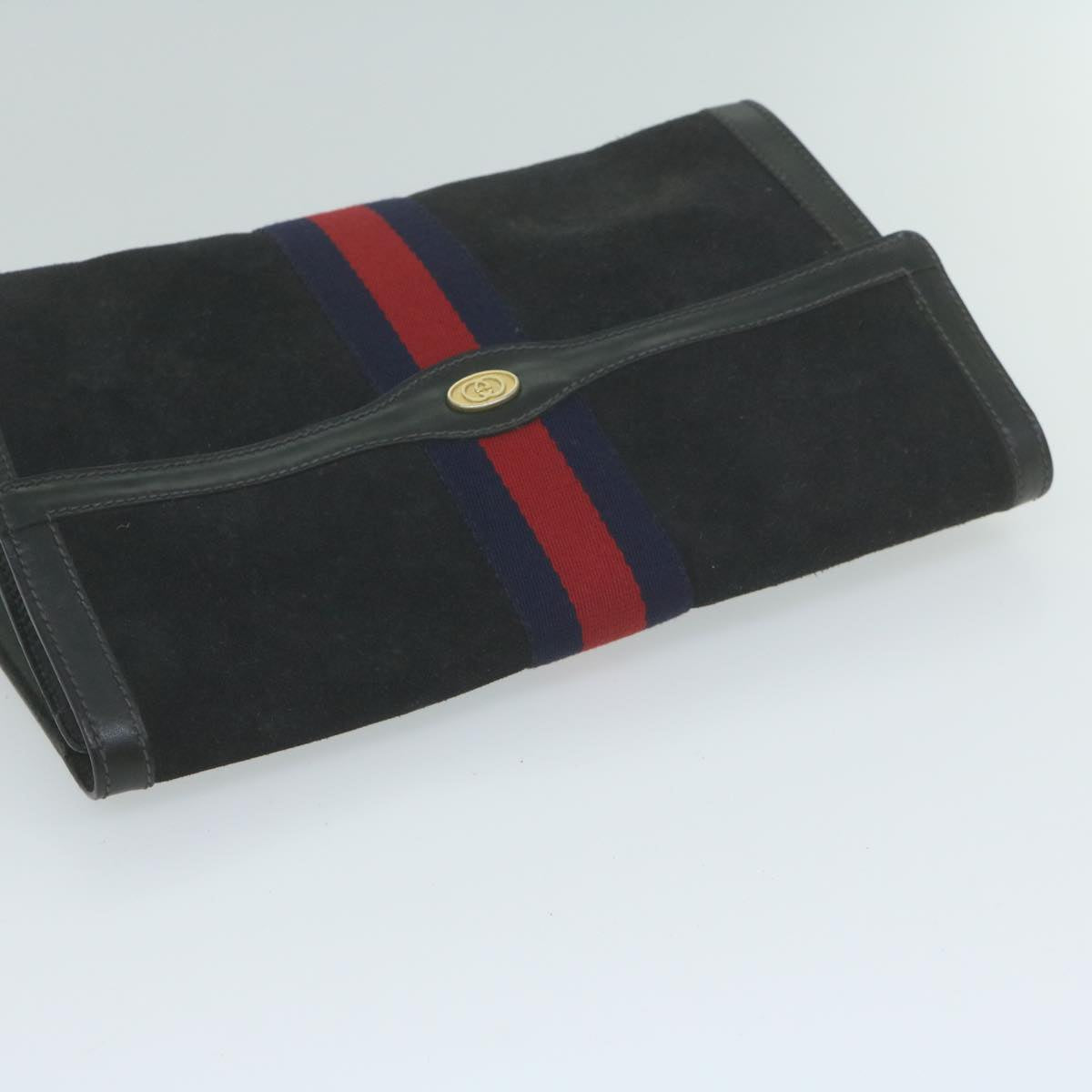 GUCCI Sherry Line Clutch Bag Suede Black Red Navy 37 014 3088 Auth 65806