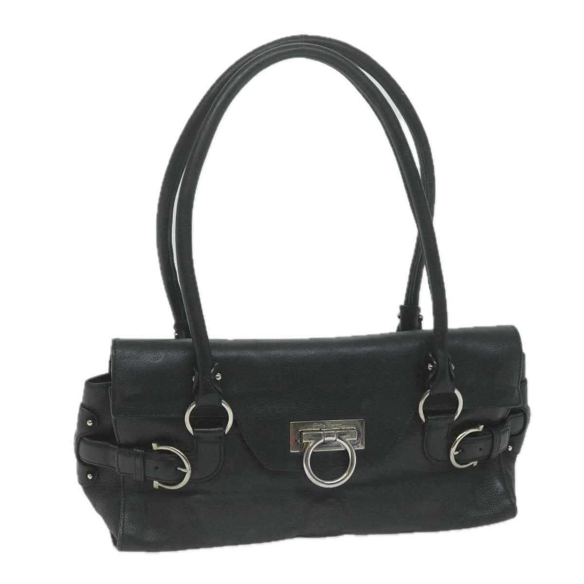 Salvatore Ferragamo Gancini Shoulder Bag Leather Black Auth 65855